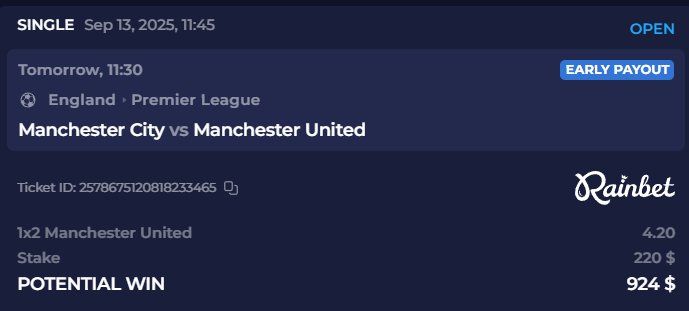Get in on the action for Manchester City vs. Manchester United! 🏴󠁧󠁢󠁥󠁮󠁧󠁿 I'm betting on an easy win for Manchester United! 🔥⚽