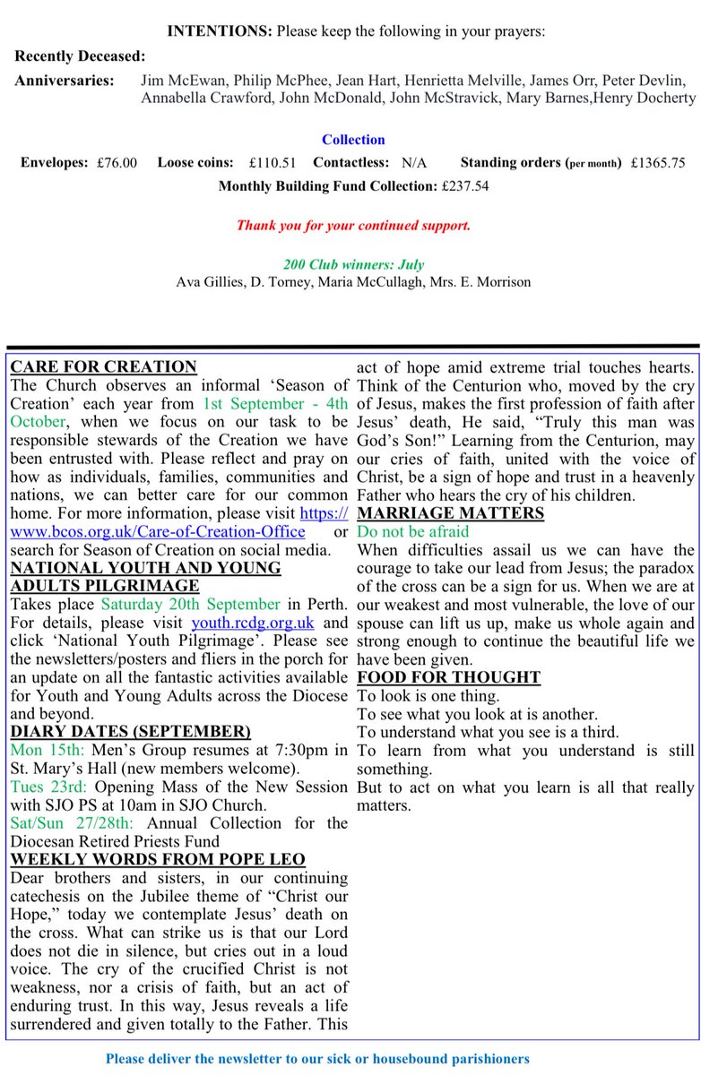 Our weekend bulletins on the Feast of the Exaltation of the Cross. Don’t forget our Deanery Jubilee Event tomorrow and the Vocations Mass this Tuesday in Largs.