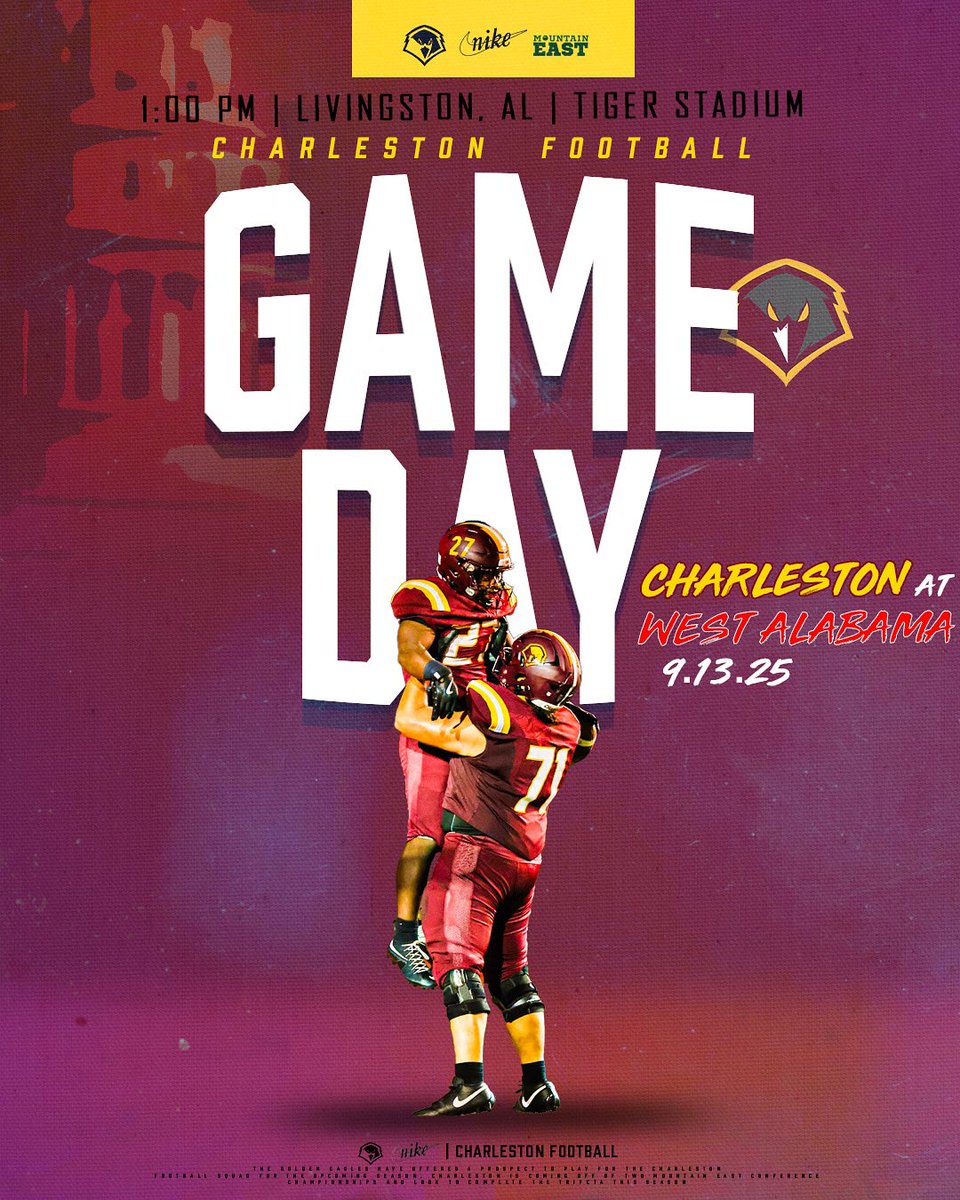 UCWV_Football's tweet image. Get Up for Week 3! Your Charleston Golden Eagles travel down South to face off against West Alabama today at 1:00 EST / 2:00 CT PM❗️ 
#CTTN
#300
#Finish