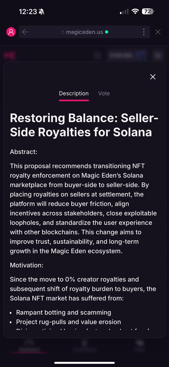 Happy Saturday! Please read this post extremely carefully, it is the most important post I will ever make from this channel. 

<a href="/MagicEden/">Magic Eden 🪄</a> has a proposal live and up for vote for $ME Stakers to change back to seller side royalties

Time for change.