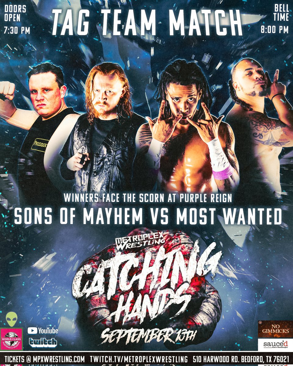 #MPXADDICTS 
Tonight MPX presents Catching Hands!!! We have a stacked line up tonight with 3 title matches and soo much more!!

Grab your tickets before they sell out!
MPXWRESTLING.COM 

#MPX #ProWrestling #AEW #DFW #Trending