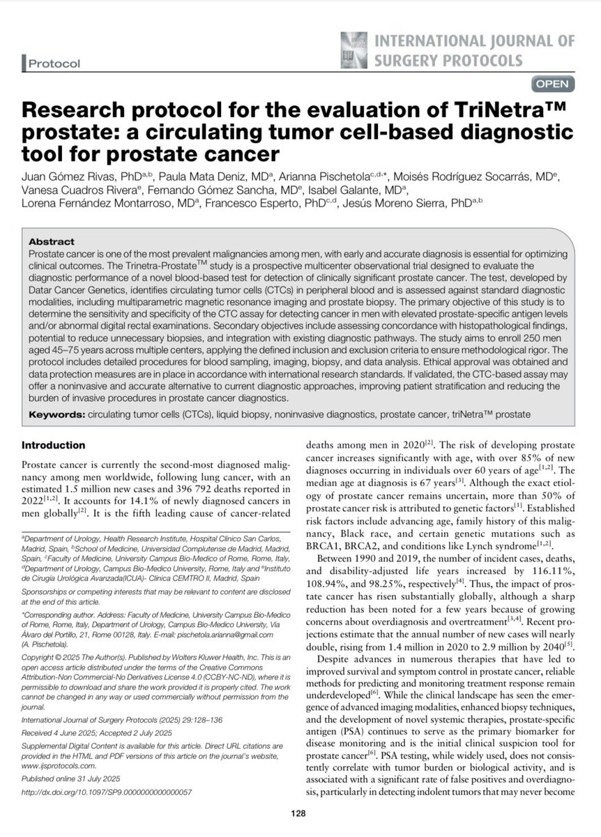 📄International Journal of Surgery Protocols 
“Research protocol for the evaluation of TriNetra™ Prostate: a circulating tumor cell-based diagnostic tool for prostate cancer”

🔬 This multicenter prospective study will evaluate a novel blood-based liquid biopsy that detects