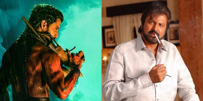 A muscular man with green hair holding a bow, shirtless with rain effects in the background. Mohan Babu wearing a light-colored shirt, holding a cigarette, sitting indoors with framed pictures and curtains visible.