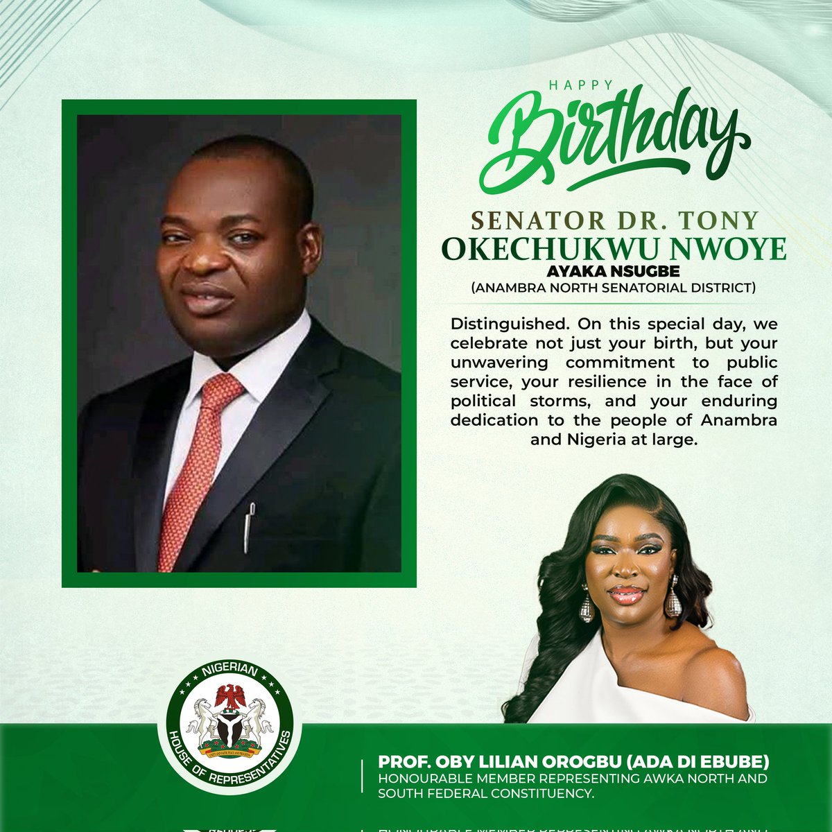 Happy Birthday to Distinguished Senator Dr. Tony Nwoye

On this special day, I join your family, friends, and the good people of Anambra North in celebrating a visionary leader, a compassionate patriot, and a tireless advocate for progress.

Your unwavering commitment to public