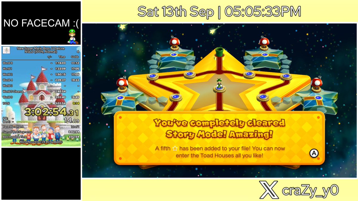 Woooo, hundo all done! Bit disappointing to not have achieved sub-3 but pretty happy nonetheless to have experienced speedrunning an NSMB game to 100% completion
