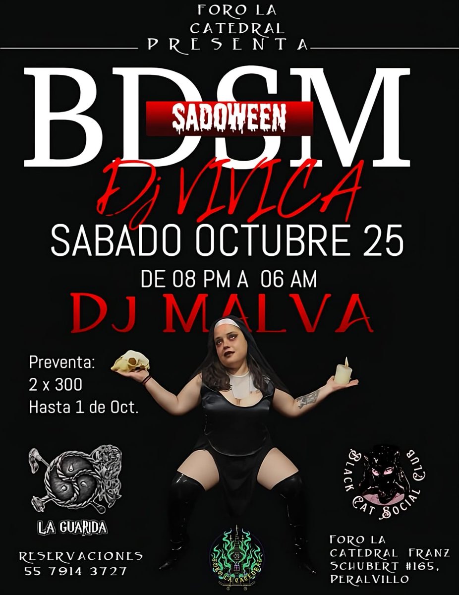 -SADOWEEN-

DJ SET A  CARGO DE 

∆|| VIVICA ||∆
]] DJ MALVA [[

+ PERFORMANCE 
+ CONCURSO AL MEJOR DISFRAZ
+ CONCURSOS BDSM 

PREVENTA HASTA EL 1° DE OCTUBRE 
🔥🔥 2 X $300 🔥🔥

DESPUÉS $200 X PERSONA

ESPACIO SEGURO E INCLUYENTE🏳️‍⚧️🏳️‍🌈
 N.R.D.A.