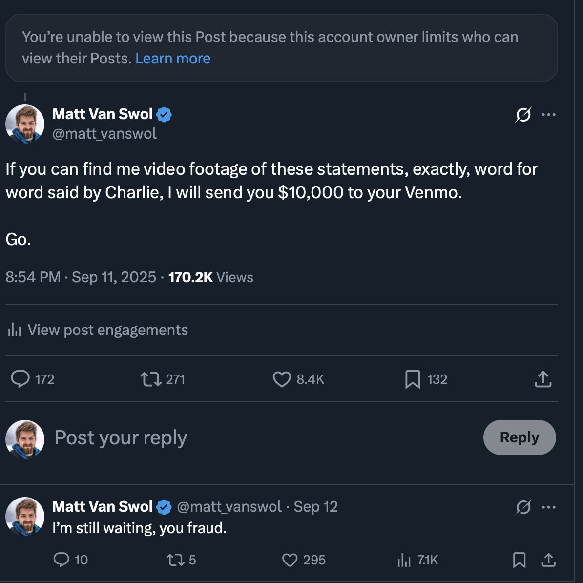 A man on this app "quoted" Charlie Kirk so grotesquely and so incorrectly, I offered him $10,000 if he could find me video footage of him saying it, word for word.

Instead, he made his account private.