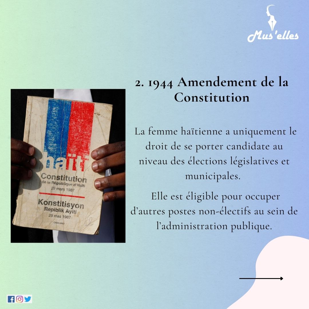 Muselles1's tweet photo. De la lutte pour le droit de vote, la reconnaissance du viol comme un crime à la loi sur la paternité responsable en passant par la dénonciation des violences conjugales et de la maltraitance des enfants, voici 4 dates à retenir dans l’histoire du féminisme haïtien. https://t.co/ZiODAefBmF