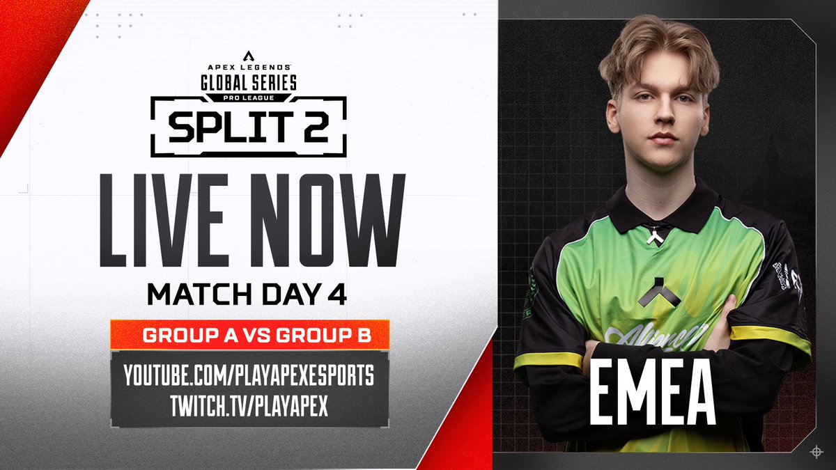 Day 4 of #ALGS Split 2 is LIVE!

Groups: 🅰️ vs 🅱️

We're underway in EMEA 👊
Americas 3PM PT ⏰

Join the action 📺
youtube.com/playapexesports
twitch.tv/playapex