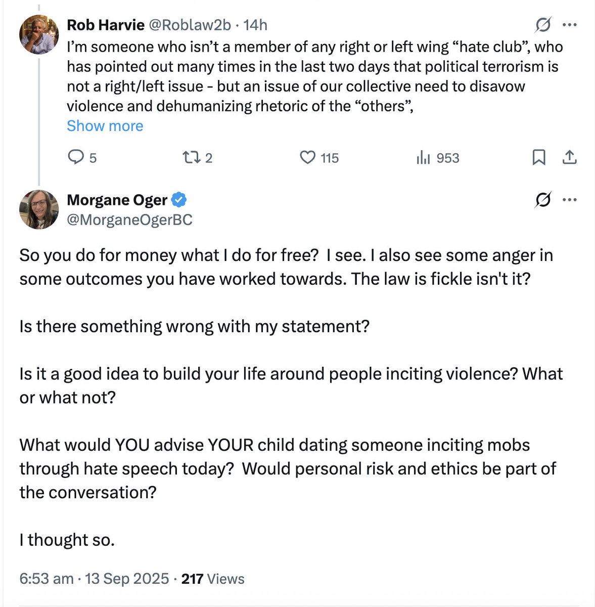 This nutcase, Morgane Oger, is still listed on <a href="/vancouverpride/">Vancouver Pride</a> as a board member, and Oger is tripling down on justifying and mocking the death of Charlie Kirk.

When does the "tolerance" kick in <a href="/vancouverpride/">Vancouver Pride</a>?