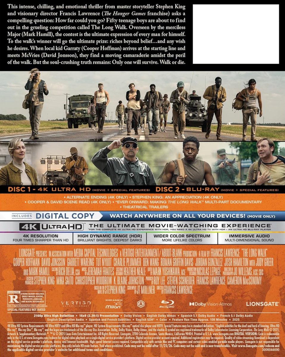 hoffmanupdates's tweet photo. The 4K Steelbook release of THE LONG WALK is expected to include an alternate ending, a scene read between Cooper and David Jonsson, and a multi-part documentary on making the film!! https://t.co/OVEs8IDXjv