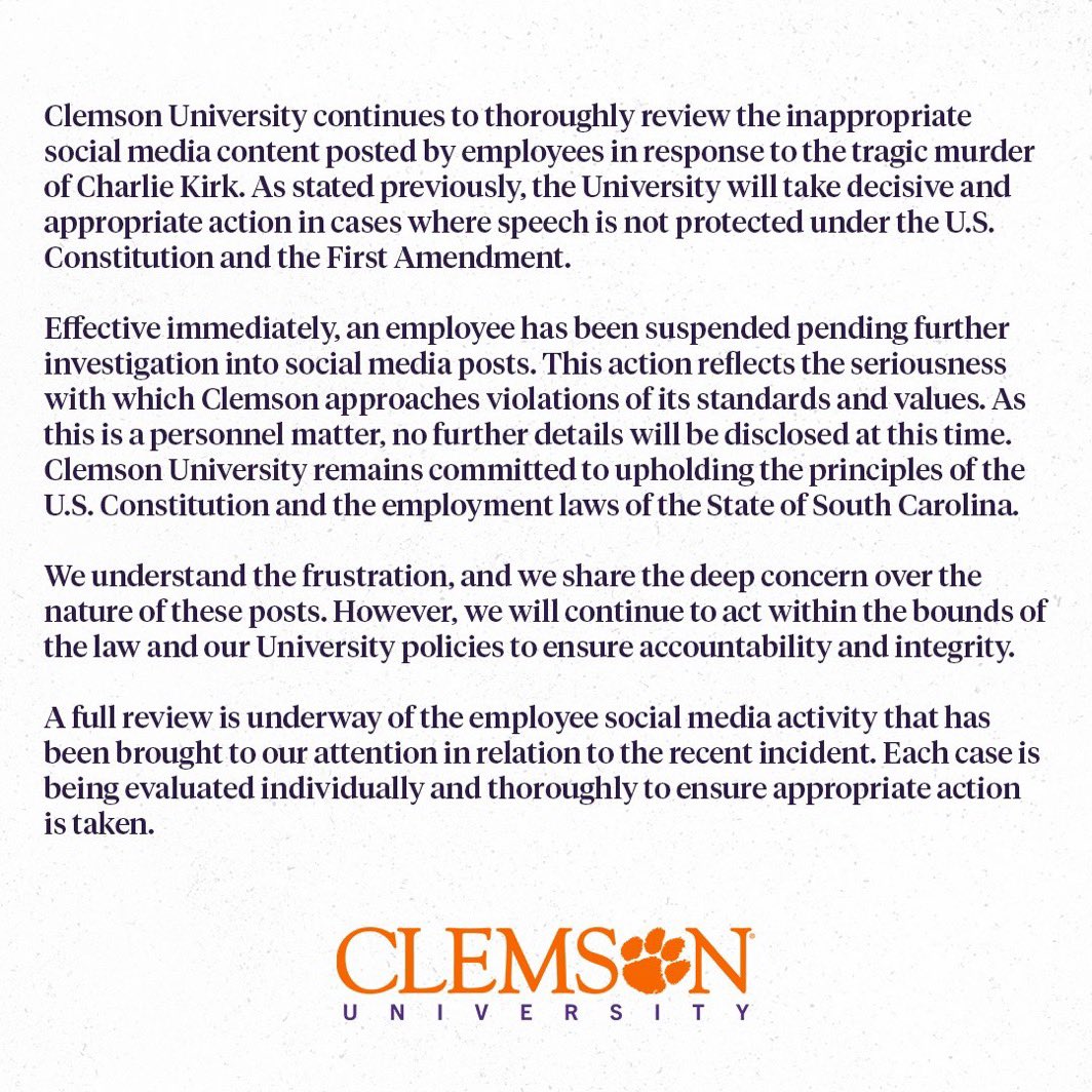 🚨 BREAKING: Clemson University has moved to suspend ONE employee for celebrating the assassination of Charlie Kirk.

Still not acceptable.

There were THREE employees.

We want them all fired. Not suspended.
