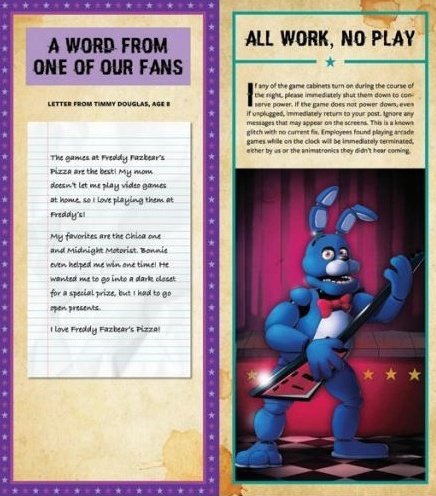 cupcake_ruim's tweet image. 🟣⚠️ Foram divulgadas as primeiras páginas do livro ‘𝗧𝗶𝗰𝗸𝗲𝘁 𝗙𝗼𝗿 𝗙𝘂𝗻’!

📌 Temos o relato de um pequeno fã da Freddy's chamado 𝗧𝗶𝗺𝗺𝘆 𝗗𝗼𝘂𝗴𝗹𝗮𝘀. O garoto diz que Bonnie já o ajudou a ganhar em um arcade e que, em seguida, o chamou até um closet escuro para um…