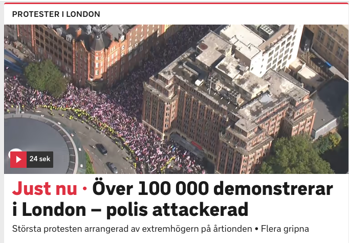 Det ser ut att vara betydligt fler än 100 000 på drönarbilderna i andra kanaler. Jag gick f.ö. i den förra Tommy Robinson-marschen i våras. (Gjorde rep. för Kvartal). Såg inga högerextrema men väldigt många arga pensionärer. Lyssnade också på alla tal utanför Whitehall. I fyra