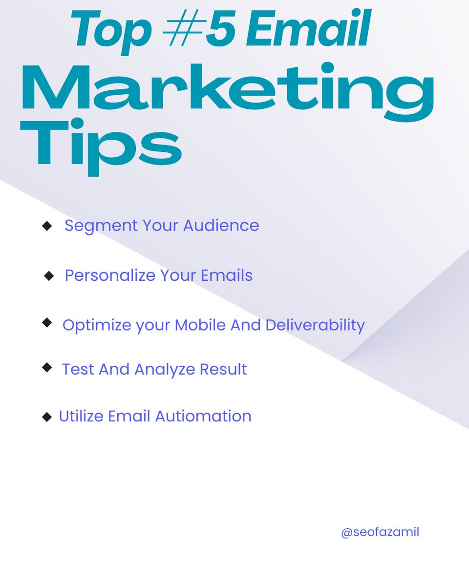 seofazamil's tweet photo. 💌 Top 5 Email Marketing Tips:
1️⃣ Segment your audience
2️⃣ Personalize emails
3️⃣ Optimize for mobile
4️⃣ Test &amp; analyze results
5️⃣ Use automation
Smart emails = better conversions 🚀

#EmailMarketing #DigitalMarketing #MarketingTips #EmailAutomation #GrowthHacks #googleads #seo https://t.co/qAnAbjv7T0