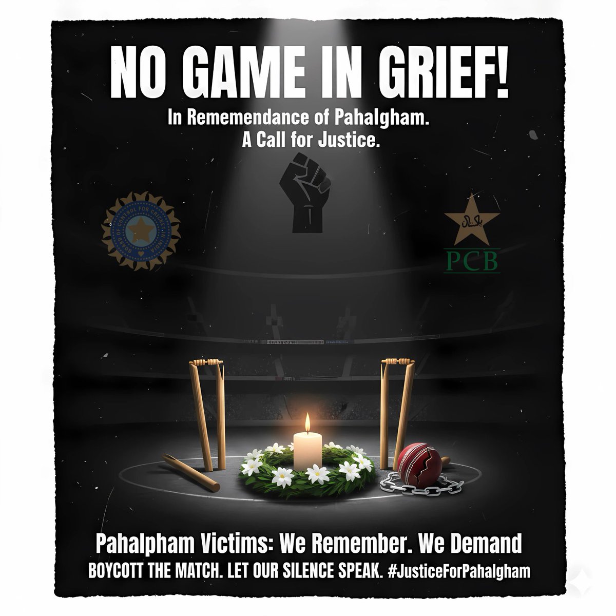 AstitvaPathak1's tweet photo. No game in grief. Our silence is our strength.
As we remember the victims of Pahalgham, we call for a boycott of the India vs. Pakistan match.
Peace over Rivalry.
Why cricket experts are silent upon this?@cricketaakash @IrfanPathan

#JusticeForPahalgham #BoycottIndPak #AsiaCupT20 https://t.co/32LjzO810P