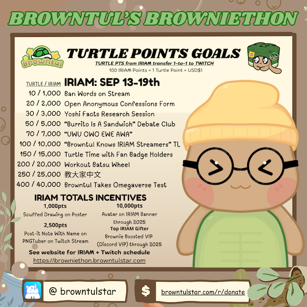 🌟Browntul's Browniethon Begins!🌟
The #Browniethon begins today with 7 consecutive IRIAM streams! Here's a look at the schedule:

9/13: 7pm (all times PDT)
9/14: 7pm
9/15: 10am
9/16: 10am
9/17: 10am
9/18: 10am
9/19: 7pm

Each stream lasts 2-3 hours. I hope you all can make it