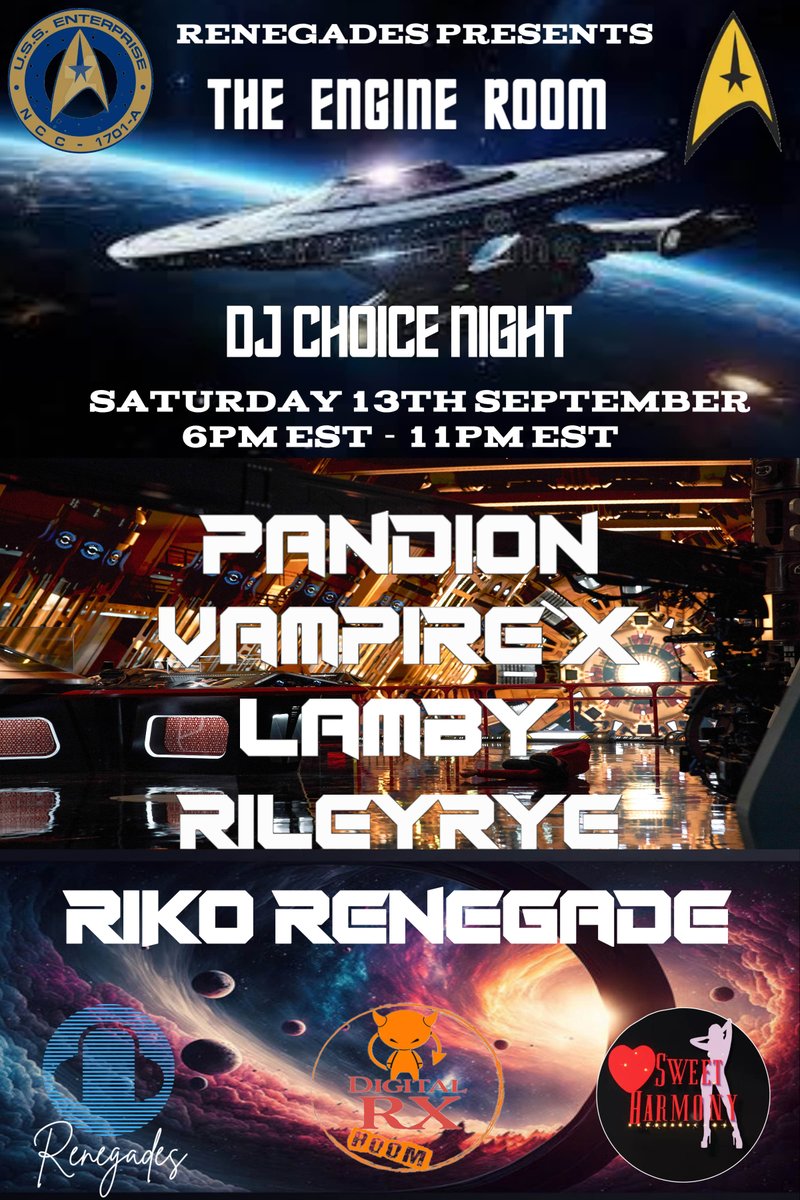 Tonight Sept 13th at 6pm EST/Midnight CET the Engine Room opens its doors for DJ Choice Night!
DJ's Pandion, Vampire X, Lamby, RileyRye, and Riko Renegade will be performing some of their favorite hits! 
Sweet Harmony Dancers will be on stage!