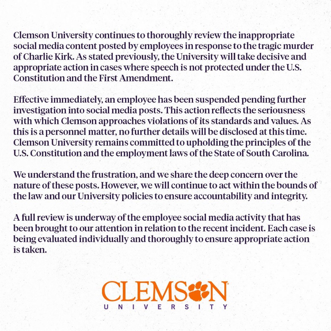 Justin Dougherty (@doughertyjc) on Twitter photo JUST IN: After mounting pressure from SC lawmakers, including the <a href="/SCFreedomCaucus/">South Carolina Freedom Caucus</a>, Clemson University announces that ‘an employee’ has been suspended.
Lawmakers have called on at least 3 employees be fired after alleged inappropriate comments made about Charlie Kirk’s killing. JUST IN: After mounting pressure from SC lawmakers, including the <a href="/SCFreedomCaucus/">South Carolina Freedom Caucus</a>, Clemson University announces that ‘an employee’ has been suspended.
Lawmakers have called on at least 3 employees be fired after alleged inappropriate comments made about Charlie Kirk’s killing.