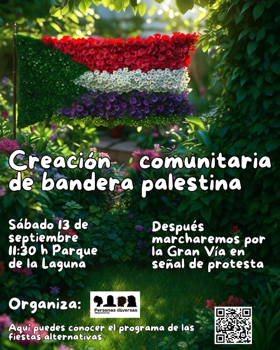 Esta mañana en el marco de las fiestas alternativas, #PersonasDiversas junto a un grupo de vecinas han renombrado el Parque de la laguna como "jardines de Palestina" para seguir denunciando el #GENOCIDIO que está perpetrando #IsraelTerroristState