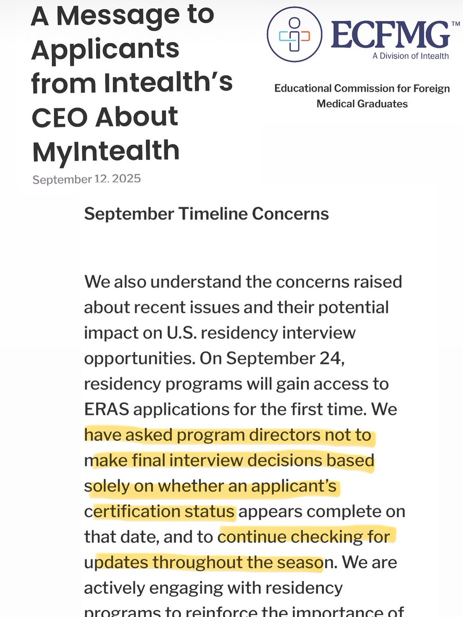 malkeasaad's tweet image. The ECFMG president released an announcement about the issues facing applicants when it comes to ECFMG with the new launch of the intealth platform. They are asking program directors to not make decisions based on the ECFMG certification, but the question is will programs listen?…