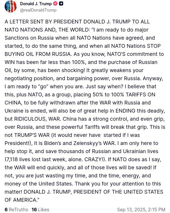 НАТО-гийн бүх орнууд оросоос газрын тос худалдаж авахаа болих үед би оросын эсрэг ноцтой хориг арга хэмжээ авахад бэлэн байна,- Трамп 
Хмм