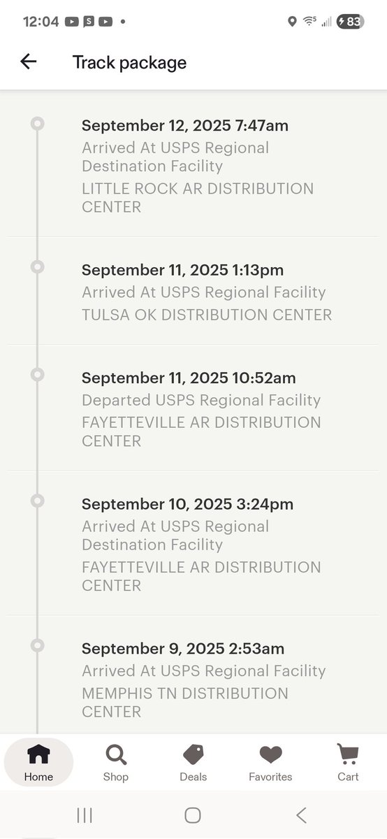 MissMe6126's tweet photo. THIS is why shipping costs so damn much!! I live 45 minutes outside Memphis and this package has gone thru 3 damn states,  ALL the way past me, thru Arkansas, to Oklahoma and STILL has not been delivered. WTF @USPS ??? https://t.co/ooTBI0XNqa