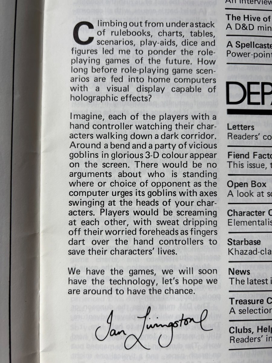 BenjaminJMyers's tweet photo. Digging in the loft, I found White Dwarf issue 23 with a prescient editorial from Ian Livingstone (in 1981 he was yet to fulfil his destiny of becoming a knight).   A mainline to memories - and saved from the tip.  #gamesworkshop
 #FantasyAdventure #YAfiction https://t.co/CJjfn214q7