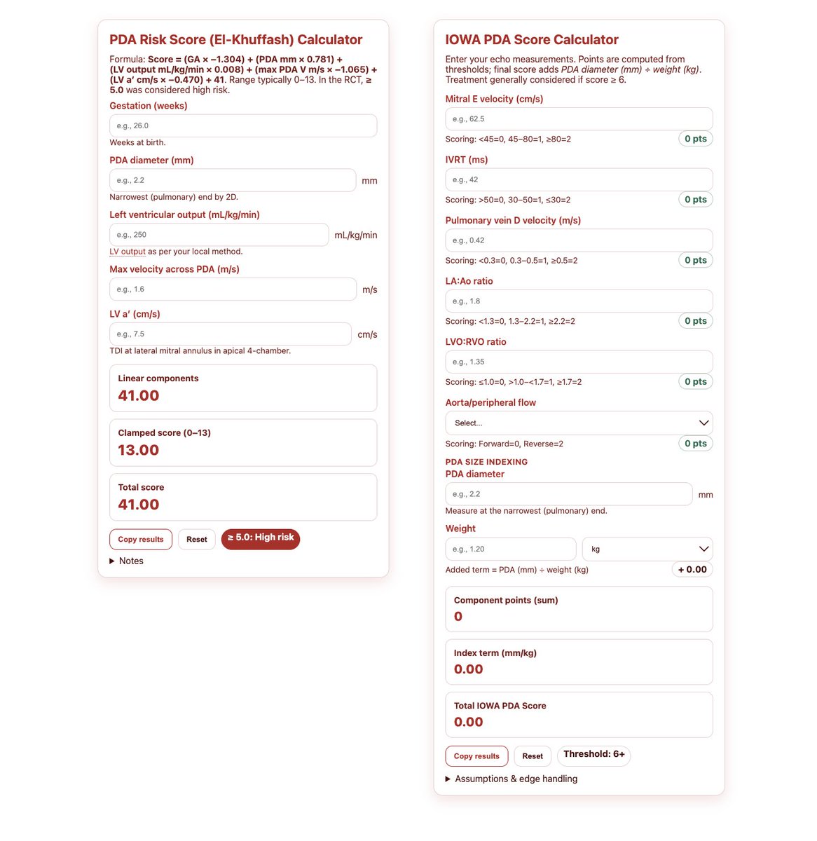 I updated our calculators for ease of use. This includes a new version of the "PDA Score by Dr. El-Khuffash et al." and the Iowa PDA Score Calculator (<a href="/iowaneohd/">iowa_hemodynamics</a>). You will also find cardiac output, SNAPE-2 and TAPSE Z-scores.

All here: neocardiolab.com/tnecho-and-neo…
