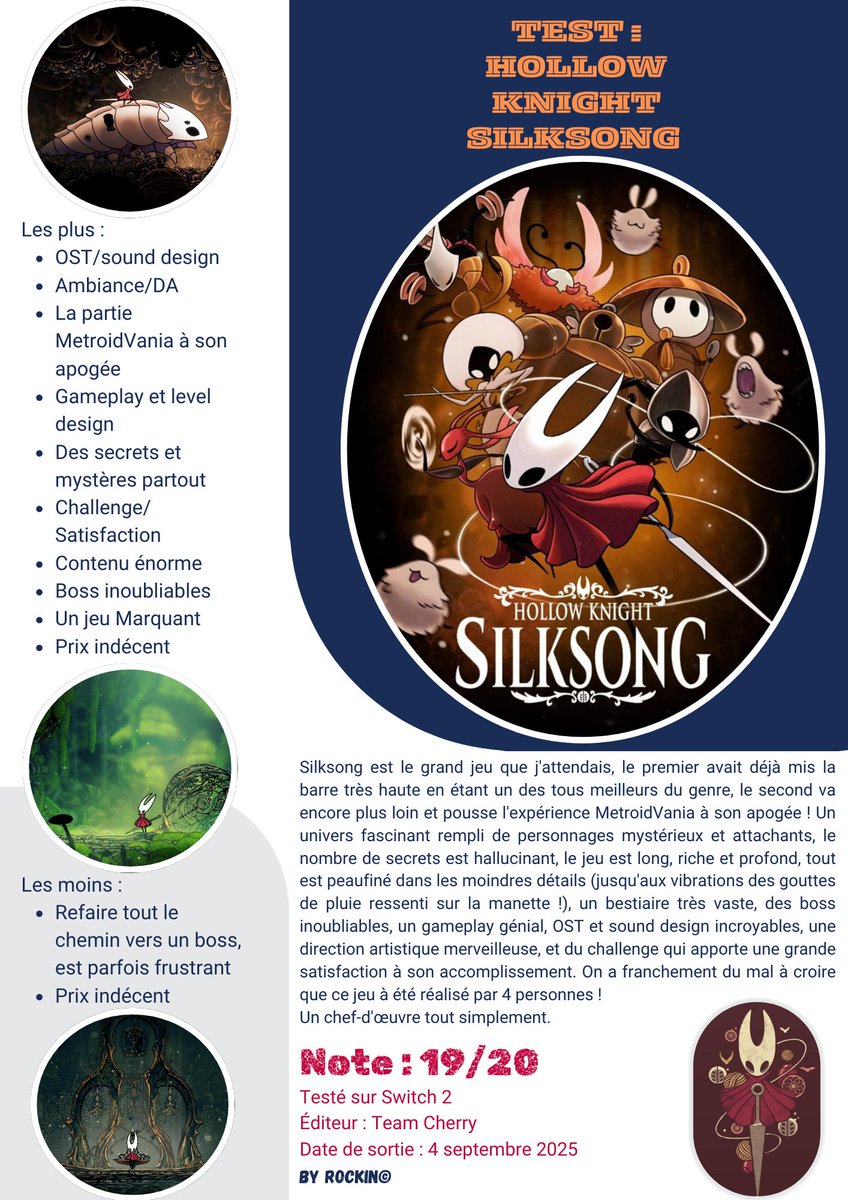 Mon test de #Silksong ici en fichier joint ! Avec un nouveau format, si ça vous plaît partager retweetez ! 
Silksong devient pour moi, le meilleur jeu indépendant, le meilleur MetroidVania, et un des jeux les plus marquants ces 10 dernières années ! 🔥
Merci <a href="/TeamCherryGames/">Team Cherry</a>