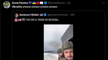 SuspectFed's tweet photo. Here is Drew Pavlou begging the Ukrainian government to assassinate political commentator Jackson Hinkle. https://t.co/r6xZYUVTEK