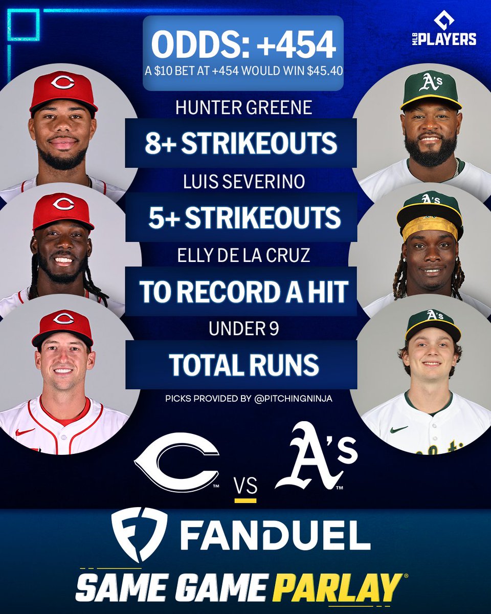 MLB Picks (@mlbpicks) on Twitter photo The <a href="/Reds/">Cincinnati Reds</a> continue their West Coast road trip tonight against the <a href="/Athletics/">Athletics</a>.
Odds via <a href="/FDSportsbook/">FanDuel Sportsbook</a>, picks via <a href="/PitchingNinja/">Rob Friedman</a> The <a href="/Reds/">Cincinnati Reds</a> continue their West Coast road trip tonight against the <a href="/Athletics/">Athletics</a>.
Odds via <a href="/FDSportsbook/">FanDuel Sportsbook</a>, picks via <a href="/PitchingNinja/">Rob Friedman</a>