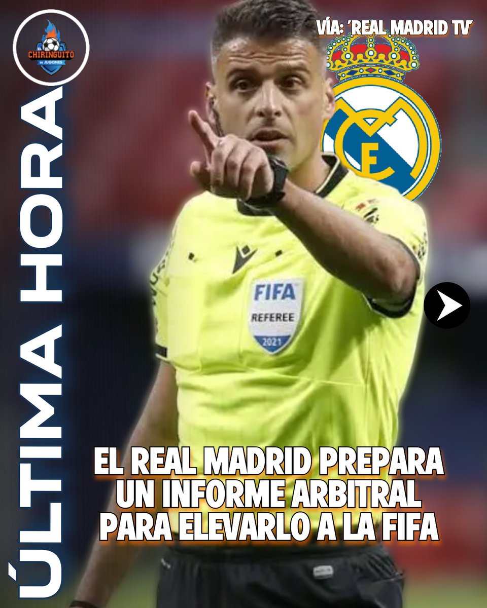 elchiringuitotv's tweet photo. 🚨 ¡ÚLTIMA HORA! 

👉 El REAL MADRID prepara un INFORME ARBITRAL para elevarlo a la FIFA. 

✍️ "En el informe se detallará lo sucedido en la presente y pasada campaña en #LALIGAEASPORTS". 

Vía: 'Real Madrid TV'. https://t.co/s71tmXxEmt