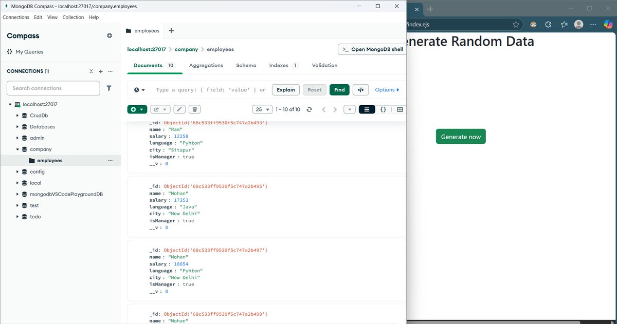 PatelNiharika05's tweet image. 🗓️Day : 49/75
✅ Created a dummy data generator using mongoDB and ExpressJs.
#WebDevelopment #codewithharry #75DaysOfCode