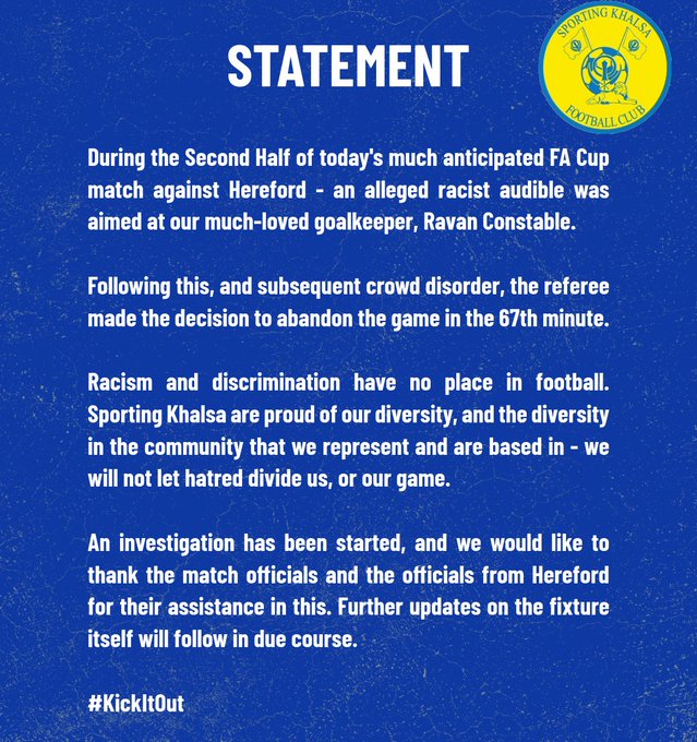A blue background with white text stating "STATEMENT" at the top. Below, text details a football match involving Sporting Khalsa and Ravan Constable. A logo with yellow and black colors, featuring text and symbols, is positioned at the top right. The hashtag "#KickItOut" is visible at the bottom.
