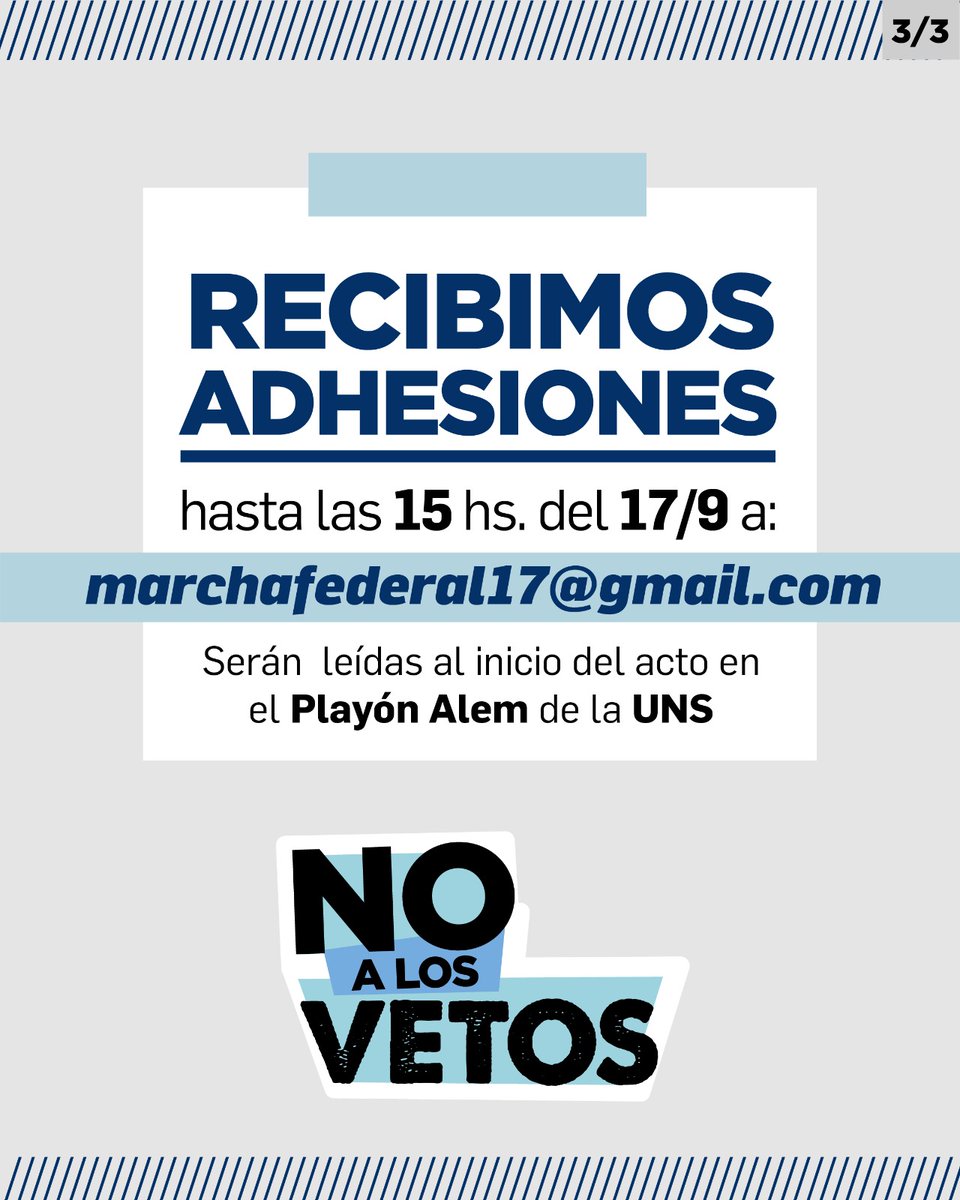 El 17/9 en Bahía y el resto del país: MARCHAMOS!!!

Compartamos la información para que el miércoles seamos miles en la calle.

NO A LOS VETOS: Movilización y posterior Acto en el Playón Alem de la UNS