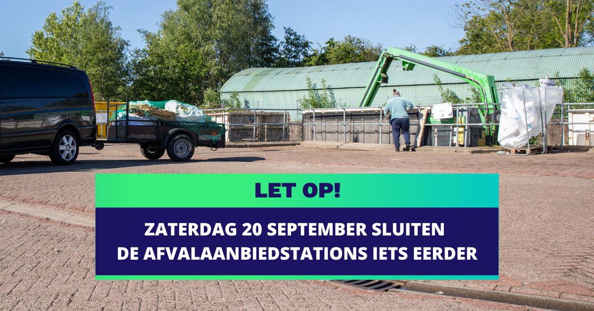 Volgende week (zaterdag 20-9) zijn de afvalaanbiedstations in Barendrecht en Albrandswaard na 14:30 uur gesloten vanwege een interne bijeenkomst voor medewerkers.

Wil je die dag afval wegbrengen? Kom dan op tijd, vóór 14:30 uur.

#barafvalbeheer #barendrecht #albrandswaard