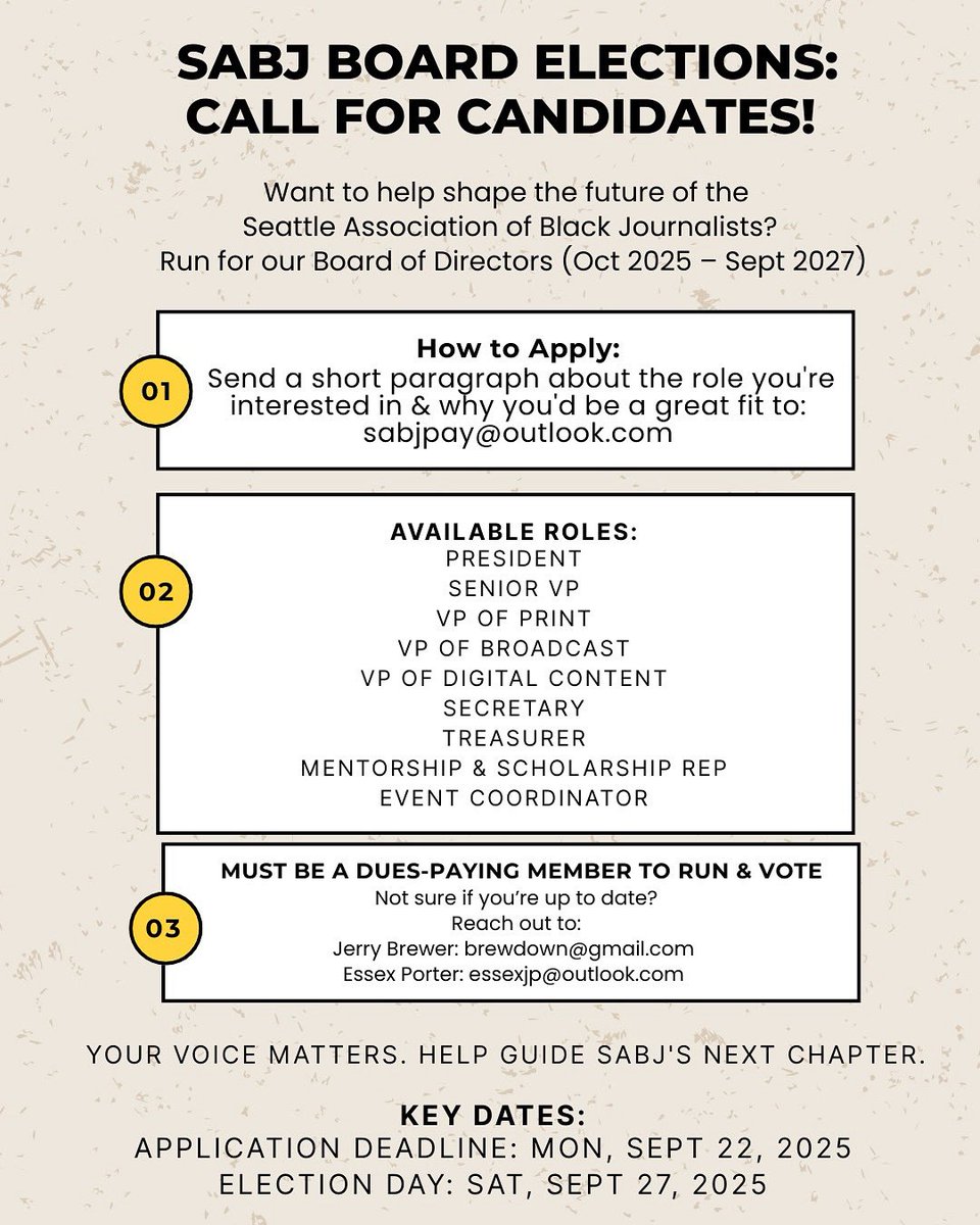 Have a passion for journalism and leadership? This is your chance to shape the future of SABJ! Looking for members to serve on our board for the 2025-2027 term. 

All you need is a short paragraph telling us why you’re the right fit!

Deadline for applications: 9/22/25!