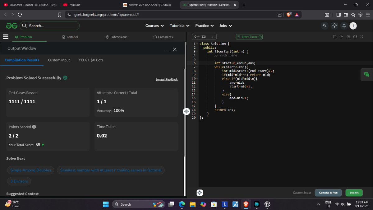 sahu_ipesh's tweet image. Day 20 of #100daysofcode

Solved 4 DSA problems using Binary Search

-&amp;gt;Single Element in Sorted Array

-&amp;gt; Find Kth Rotation

-&amp;gt; Square Root (Floor)

-&amp;gt; Find Peak Element

#buildinpublic #dsa