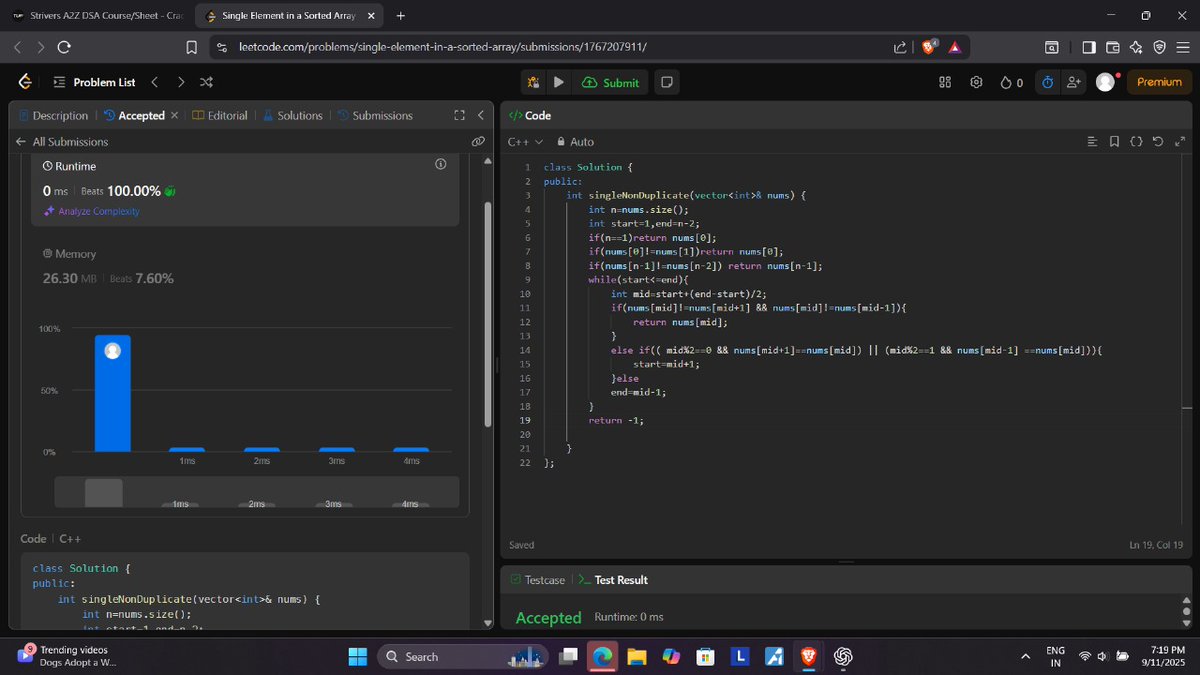 sahu_ipesh's tweet image. Day 20 of #100daysofcode

Solved 4 DSA problems using Binary Search

-&amp;gt;Single Element in Sorted Array

-&amp;gt; Find Kth Rotation

-&amp;gt; Square Root (Floor)

-&amp;gt; Find Peak Element

#buildinpublic #dsa