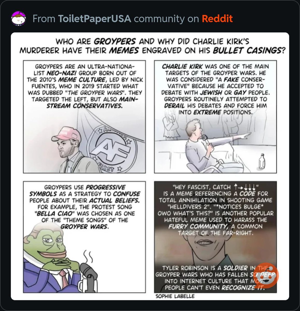 MostProvost's tweet photo. @piersmorgan He was a groyper.  The media is misreporting one of his bullet casing engravings - this comic corrects it. https://t.co/uPRxh450pe