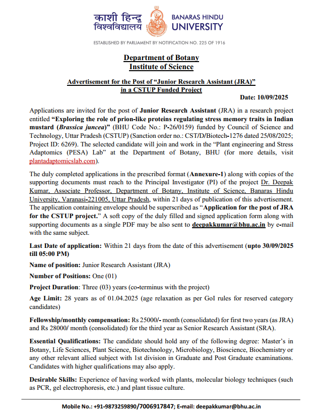 deepakinjnu's tweet photo. Our Plant Engineering and Stress Adaptomics Lab at Dept. of Botany @BHU is looking for motivated Master’s students interested in Plant Science research to join as a Junior Research Assistant in CST-UP project. visit our 📷 website: https://t.co/MJOoHpv9jz

https://t.co/oiG8c7tbCz https://t.co/u01NzWKDYO