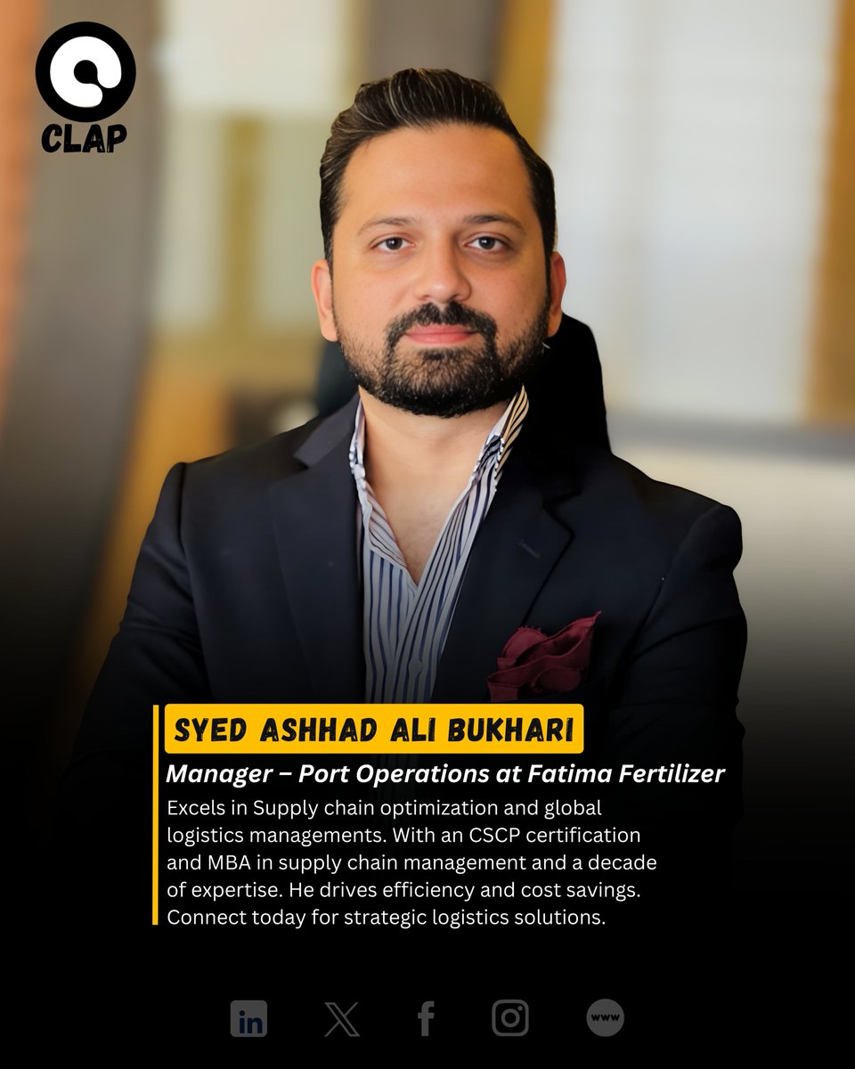 ClapPakistan's tweet image. Meet Syed Ashhad Ali Bukhari, CSCP – Manager Port Operations at Fatima group. With 10 yrs in supply chain &amp;amp; logistics, he excels in vessel chartering, port ops &amp;amp; global supply chain optimization.

#SupplyChainLeader #LogisticsManagement #ClapPakistan