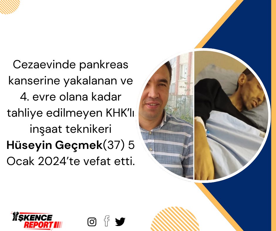 Cezaevinde pankreas kanserine yakalanan ve 4. evre olana kadar tahliye edilmeyen KHKʼlı inşaat teknikeri Hüseyin Geçmek(37) 5 Ocak 2024’te vefat etti.

HastaTutukluluk İşkencedir
