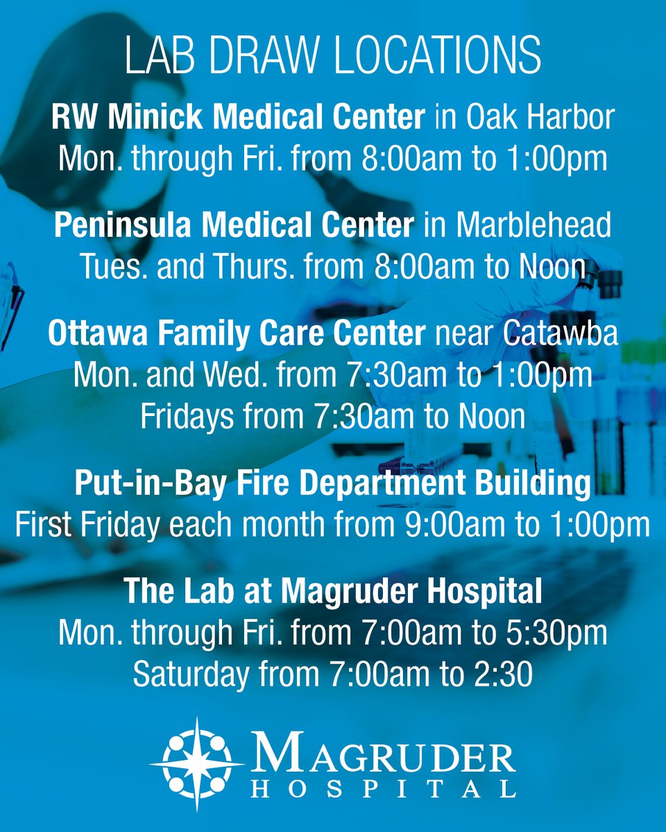 Magruder offers 5 locations in Ottawa County to have lab work drawn. Bring the order for the lab work, your ID and insurance information, and stop by any of these locations at the listed days and times. 

#improvinglivestogether