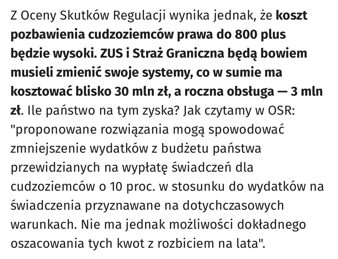 Ograniczenie wypłat 800+ tylko do aktywnych zawodowo Ukraińców wymaga zmiany systemów na 30 mln złotych i rocznie obsługi 3 mln.

Ma to ograniczyć koszty o ~10% rocznie (z 2,9 mld zł w 2024)

To bardziej zmiana dająca części osób poczucie sprawiedliwości niż wsparcie dla budżetu.