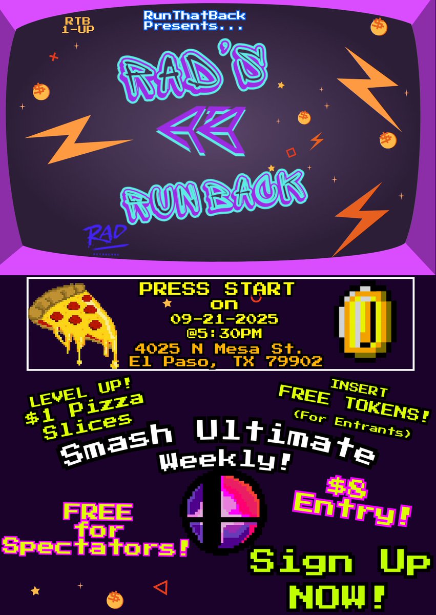 OneMoreGameEP's tweet image. RunThatBack is PROUD to present... Rad's Runback! A new weekly inside an Arcade! 

Join us for some fiery competition, $1 pizza slices and free tokens!

Remember if you ain't around then you must be a square.

For more info:
discord.gg/hzeG39qVxd

start.gg/tournament/rad…
