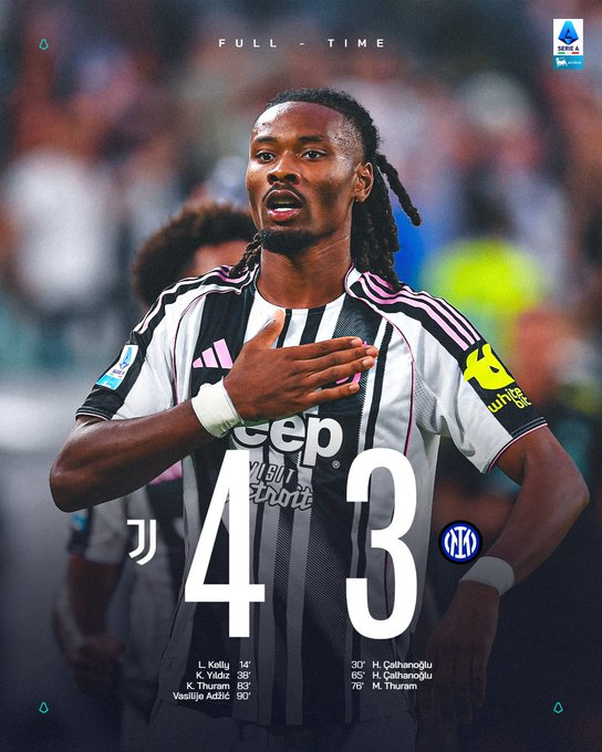 ActualiteSerieA's tweet photo. ⚪️⚫️ CE N’EST PAS LE DERBY D’ITALIE POUR RIEN !

La Juventus l’emporte 4-3 face à l’Inter, portée par un Yildiz et un Khéphren Thuram étincelants, et sublimée par un coup de canon inattendu d’Adzic.

Très bons matchs d’Augusto et de Hakan côté Inter, mais les Nerazzurri doivent vite se ressaisir : 2 défaites sur les 3 derniers matchs.

Mais quel derby de fou !! 🤯