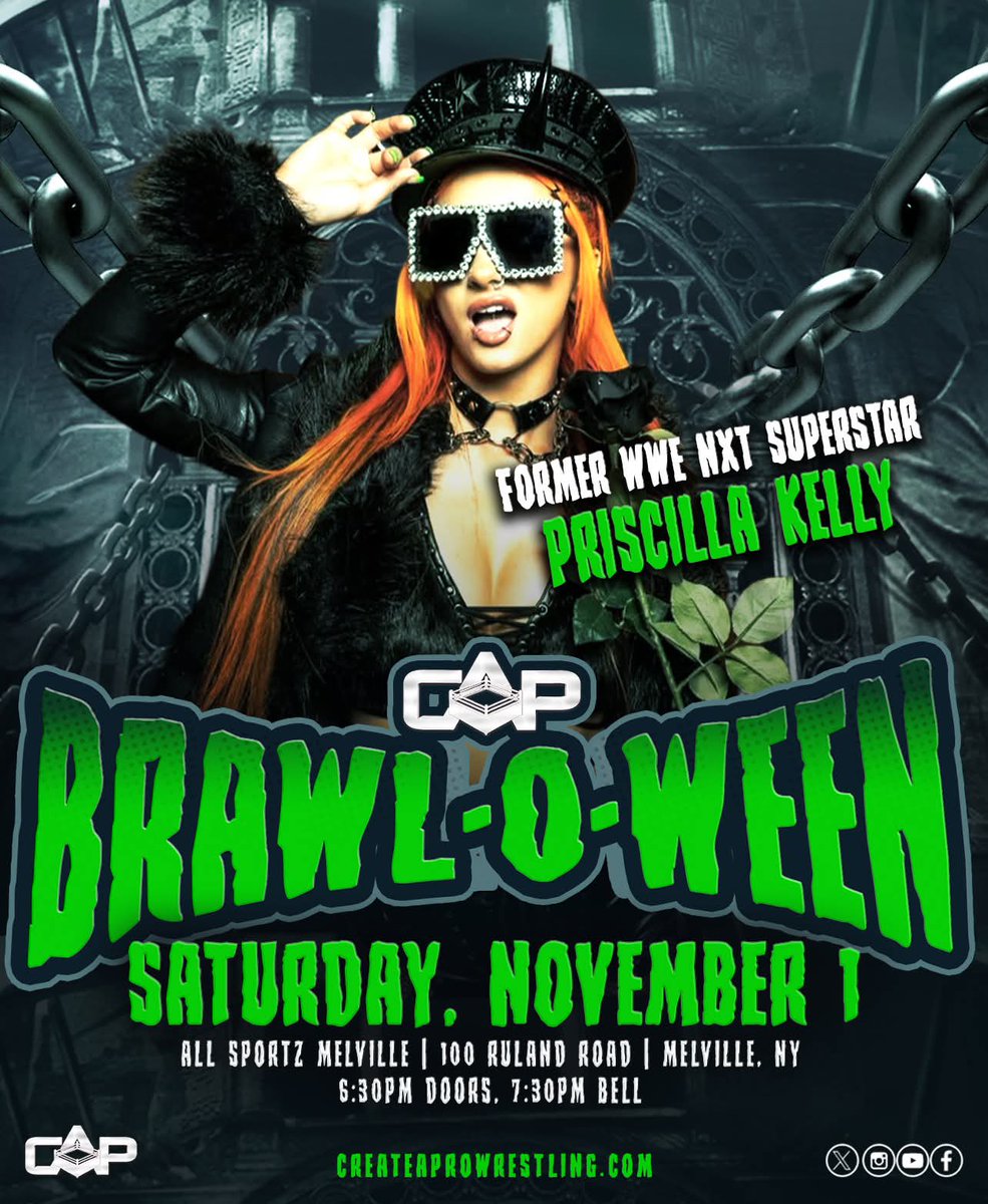 🚨TALENT ANNOUNCEMENT🚨

Former WWE NXT Star Priscilla Kelly makes her Create A Pro Wrestling debut on 11/1 in Melville, NY for #CAPBrawlOWeen!

Stay tuned for more announcements!

🎟️TICKETS ON SALE MONDAY AT 6PM🎟️