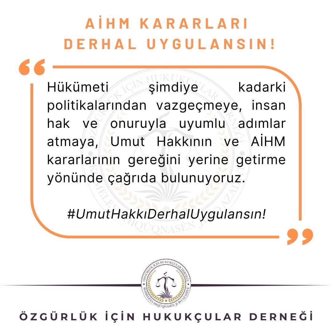 ohdamed's tweet photo. Hükümeti şimdiye kadarki politikalarından vazgeçmeye, insan hak ve onuruyla uyumlu adımlar atmaya, Umut Hakkının ve AİHM kararlarının gereğini yerine getirmeyönünde çağrıda bulunuyoruz.
#UmutHakkıDerhalUygulansın! https://t.co/nxvOD5Mxm1